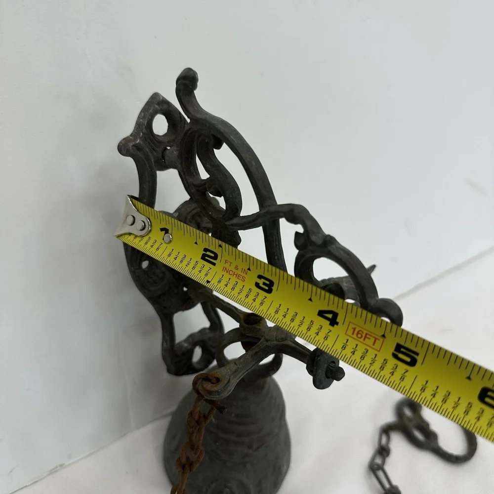 Vintage Brass Wall-Mounted Door Monastery Bell W/ Chain & Pull Handle Patina